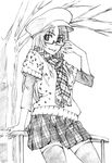  :p against_railing artist_request bespectacled cabbie_hat checkered checkered_skirt face glasses greyscale hands hat highres kawashima_ami long_hair monochrome scarf semi-rimless_eyewear skirt solo thighhighs tongue tongue_out toradora! traditional_media tree zettai_ryouiki 