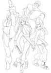  4girls angel_(kof) ass blue_mary boots breasts cleavage flexible g-string hikawadou king_of_fighters large_breasts leg_lift legs long_legs monochrome multiple_girls panties pantyshot sandals shermie shiranui_mai shoes sideboob sketch smile snk split thighs thong underwear upskirt wink 