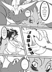  big_breasts breast_grab breasts clothing comic day_with_dna dragon english_text female greyscale hair male monochrome muscles muscular_female ryuakira shirt sitting tail text 