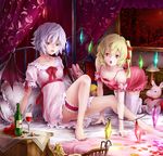  alcohol all_fours barefoot bat_wings bed bird blonde_hair blue_hair breasts bunny canopy_bed chair chick cleavage cork corkscrew cup downblouse dress drinking_glass eyelashes fangs feet flandre_scarlet flower hair_ribbon highres horse leg_garter medium_breasts multiple_girls nail_polish nightgown no_hat no_headwear onokoro401 open_mouth painting_(object) petals photo_(object) pig pillow pink_dress red_eyes red_flower red_rose red_skirt remilia_scarlet ribbon rose scarlet_devil_mansion short_hair siblings side_ponytail sisters sitting skirt small_breasts stuffed_toy touhou upskirt wine wine_glass wings 