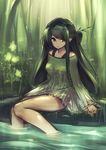  black_hair elf flower forest garuku long_hair nature original pointy_ears sitting skirt soaking_feet solo water 