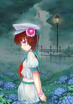  arms_behind_back bad_id bad_pixiv_id bracelet brown_hair contemporary fence flower hair_flower hair_ornament hat highres hydrangea jewelry murasa_minamitsu nature outdoors purple_eyes rain s.advent sailor sailor_hat see-through short_hair sign solo touhou water wet wet_clothes 