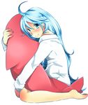  ahoge bad_id bad_pixiv_id bare_legs barefoot blue_eyes blue_hair blush denpa_onna_to_seishun_otoko feet highres hug long_hair m_eme off_shoulder sitting smile solo stuffed_toy touwa_erio very_long_hair wariza 