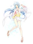  anklet ass_visible_through_thighs bad_id bad_pixiv_id bare_legs blue_eyes blue_hair dororon_enma-kun feet hair_ornament hairclip highres izumi_(nagashi) japanese_clothes jewelry long_hair long_legs one_eye_closed open_mouth sandals smile solo yukiko_hime 