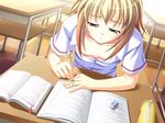  blonde classroom desk munechira nipple_slip school_uniform tagme 