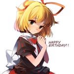  74_(teduka) black_dress blonde_hair blue_eyes capelet dress hair_ribbon hands_together happy_birthday head_tilt light_smile medicine_melancholy own_hands_together ribbon short_hair simple_background solo touhou upper_body 