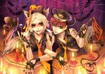  2boys blonde boots brown_eyes candle coffin demon_boy demon_tail fang fingerless_gloves fire gloves halloween hat high_heels horns inumimi jbhoney kemonomimi lollipop lying necktie on_side on_stomach pants red_eyes red_hair tail vest wolf_ears wolf_tail 