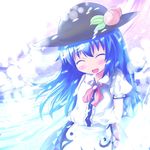  arms_behind_back blue_hair blush closed_eyes happy hat hinanawi_tenshi long_hair solo touhou yuya_(minus-k) 