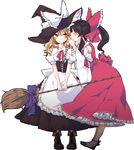 black_hair blonde_hair blush boots bow braid broom corset cross-laced_footwear detached_sleeves hair_bow hakurei_reimu hat highres kirisame_marisa lace-up_boots multiple_girls revision short_hair simple_background touhou v_arms whispering white_background witch_hat yellow_eyes yonu_(yonurime) 