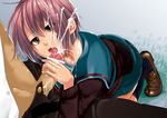  1girl azuma_sawayoshi bar_censor cardigan censored cum ejaculation eyebrows_visible_through_hair facial fellatio hetero kita_high_school_uniform kneeling nagato_yuki oral penis purple_hair school_uniform serafuku short_hair suzumiya_haruhi_no_yuuutsu 