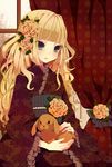  blonde_hair blue_eyes bow bunny character_request copyright_request flower hair_flower hair_ornament highres japanese_clothes kimono long_hair looking_at_viewer obi sash sitting smile solo yugake_(mrnmrm) 