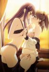  2girls ass assertive_female backlighting bare_shoulders black_bra black_panties black_theme blue_eyes blush bow bow_bra bow_panties bra breasts brown_hair clothes_pull dengeki_moeou eye_contact face-to-face frills grabbing_another's_chin hair_ornament hair_ribbon hairclip hand_on_another's_chin highres holding_hands imminent_kiss interlocked_fingers kani_biimu leaning_back lingerie long_hair looking_at_another medium_breasts multiple_girls panties pink_bra pink_hair pink_panties polka_dot polka_dot_bra polka_dot_panties ponytail red_eyes ribbon school_uniform serafuku shirt_pull side-tie_panties skirt skirt_pull small_breasts strap_slip thighhighs thong underwear underwear_only undressing yuri 
