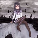  akemi_homura argyle argyle_legwear cityscape daimosu destruction hairband mahou_shoujo_madoka_magica pantyhose purple_eyes ruins solo tears 