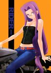  bare_shoulders bow character_name denim fate/stay_night fate_(series) glasses ground_vehicle hair_bow highres jeans long_hair low-tied_long_hair midriff motor_vehicle motorcycle pants ponytail purple_eyes purple_hair rider shirotsumekusa strapless tubetop very_long_hair zipper 