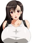  big_breasts black_hair blush breasts cleavage earring earrings erect_nipples female final_fantasy final_fantasy_vii huge_breasts jewelry large_breasts long_hair open_mouth red_eyes simple_background smile solo tifa_lockhart tomite white_background 