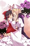  age_difference black_hair blonde_hair blush bow brown_eyes child closed_eyes couple dress flower hair_bow hakurei_reimu hat multiple_girls toudou_(dolce) touhou yakumo_yukari younger yuri 