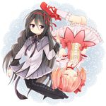  akemi_homura bad_id bad_pixiv_id black_hair bow choker closed_eyes gloves hair_bow hair_ribbon jewelry kaname_madoka kneehighs long_hair mahou_shoujo_madoka_magica multiple_girls pantyhose pendant pink_hair puffy_sleeves purple_eyes red_choker ribbon rotational_symmetry short_hair short_twintails skirt tsukudani_norio twintails very_long_hair 