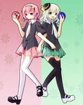  alternate_costume bad_id bad_pixiv_id black_legwear bowler_hat eyeball green_eyes hairband hat heart komeiji_koishi komeiji_satori locked_arms mini_hat mini_top_hat multiple_girls necktie open_mouth pf pink_hair pink_skirt purple_eyes short_hair siblings silver_hair sisters skirt smile thighhighs third_eye top_hat touhou white_legwear 