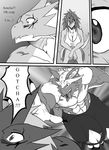  big_breasts breasts clothing comic day_with_dna dragon english_text female greyscale hair male monochrome muscles open_mouth ryuakira shirt sitting sweat tackle tail text 