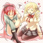  akasata blonde_hair blush breast_envy drill_hair long_hair mahou_shoujo_madoka_magica multiple_girls pantyhose ponytail red_eyes red_hair sakura_kyouko tomoe_mami 