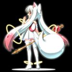  animal_ears bare_shoulders blush eating from_behind gradient_hair grief_seed kyubey mahou_shoujo_madoka_magica multicolored_hair personification pink_hair red_eyes scepter shinjou_satomi simple_background solo soul_gem tail thighhighs twintails white_hair white_legwear zettai_ryouiki 