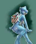  backpack blastoise blue_eyes blue_skin blush breasts butt crossgender cute female looking_at_viewer looking_back nintendo nude pok&#233;mon pok&#233;morph pok&eacute;mon pussy rika side_boob sitting solo video_games water_cannon 