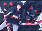  black_hair dual_wielding fangs flaming_sword holding katana long_hair monster original red_eyes school_uniform serafuku solo sukesan sword weapon 