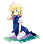  bad_id bad_pixiv_id between_legs blonde_hair blue_eyes blush dress full_body hand_behind_head hand_between_legs looking_at_viewer original sakuro shoes simple_background sitting solo thighhighs wariza wavy_mouth white_background white_legwear wrist_cuffs zettai_ryouiki 