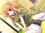  game_cg hands hoshizora_e_kakaru_hashi japanese_clothes kimono lying massage on_back on_stomach orange_eyes orange_hair smile solo toudou_tsumugi tsurusaki_takahiro 