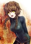  amane_suzuha arms_behind_back braid breasts brown_hair cofi_(eternal) jacket large_breasts long_hair open_mouth solo steins;gate track_jacket twin_braids yellow_eyes 