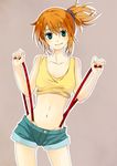  crop_top denim denim_shorts green_eyes groin kasumi_(pokemon) midriff navel orange_hair pokemon pokemon_(anime) pokemon_(classic_anime) short_shorts shorts side_ponytail smile solo suspenders tank_top zyllion 