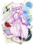  akinoemo book bow bubble crescent crystal hair_bow hat highres knife long_hair patchouli_knowledge purple_eyes purple_hair saw smile solo striped sword touhou very_long_hair weapon 