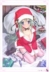  absurdres bell blue_eyes blush breasts choker christmas christmas_tree cleavage gift green_hair happoubi_jin hat highres holly large_breasts leg_garter light_smile long_hair original ribbon sack santa_costume santa_hat shiny shiny_skin sitting solo thighhighs very_long_hair wariza 