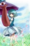  blue_eyes blue_hair cloud day flower full_body geta grass heterochromia karakasa_obake looking_back oumi_hi outdoors petals purple_umbrella red_eyes short_hair skirt sky smile solo standing tatara_kogasa tongue tongue_out touhou umbrella 