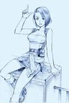  arm_support bad_id bad_pixiv_id belt boots breasts cleavage hair_over_one_eye high_heels jill_valentine knee_boots medium_breasts miniskirt monochrome open_mouth rakuto_mangan resident_evil resident_evil_3 shirt shoes short_hair sitting skirt solo strapless tied_shirt tubetop 