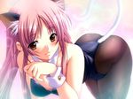  animal_ears bent_over blush brown_eyes cat_ears dungeon_crusaderz erika_rouleburg game_cg kittysuit long_hair m&amp;m one_eye_closed pantyhose pink_hair smile solo tail wrist_cuffs 