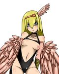  avian bare_shoulders blonde_hair blush breasts duel_monster feathers female hair harpie_girl harpy looking_at_viewer navel nipples plain_background rubber unknown_artist white_background wings yu-gi-oh yu-gi-oh! 
