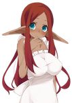 apron blue_eyes blush breasts dark_skin elf huge_breasts impossible_clothes long_hair long_pointy_ears maid-chan_(maze) maze_(gochama_ze_gohan) naked_apron original pointy_ears red_hair smile solo transparent_background 