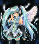  aqua_eyes aqua_hair detached_sleeves feathers hatsune_miku headphones long_hair nami_pontax necktie skirt solo thighhighs traditional_media twintails very_long_hair vocaloid wings 