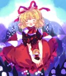  amo blonde_hair blush bow bubble_skirt closed_eyes doll dress field flower flower_field hair_bow hair_ribbon medicine_melancholy ribbon sketch skirt smile solo su-san touhou v_arms wings 