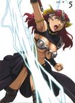  armor breasts claudette_(queen's_blade) cleavage earrings green_eyes helmet highres jewelry large_breasts lightning muscle nigou open_mouth queen's_blade red_hair revealing_clothes solo sword thighhighs weapon 