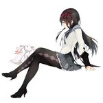  akemi_homura argyle argyle_legwear arm_support bad_id bad_pixiv_id black_hair bunkyo_takemi crossed_legs high_heels kyubey long_hair magical_girl mahou_shoujo_madoka_magica pantyhose profile ribbon shoes simple_background sitting 