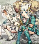  :p armor barioth_(armor) blue_eyes boned_meat food meat midriff monster_hunter monster_hunter_portable_3rd multiple_girls red_eyes sitting tanaka_shoutarou tongue tongue_out uragaan_(armor) white_hair zinogre_(armor) 