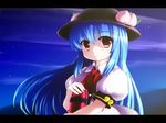  blue_hair commentary dress food fruit hat highres hinanawi_tenshi holding letterboxed long_hair night peach red_eyes solo star thermos touhou tsubasa_(abchipika) 