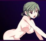  ass braid breasts caryo green_hair hair_rings large_breasts mina_likering nanashino nipples nude open_mouth purple_eyes simple_background solo super_robot_wars super_robot_wars_f 