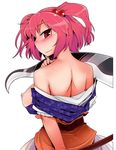  back bare_back bare_shoulders blush breasts from_behind hair_bobbles hair_ornament highres large_breasts looking_back nipples off_shoulder onozuka_komachi red_eyes red_hair scythe short_hair simple_background solo touhou two_side_up upper_body yassy 