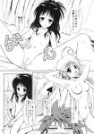  2girls :d ahoge armpits arms_up blush breasts censored comic covering covering_crotch curtains demon_tail doujinshi flat_chest greyscale hair_ornament hands_in_hair lala_satalin_deviluke long_hair medium_breasts monochrome multiple_girls navel nipples nude open_mouth pubic_hair pussy small_breasts smile socks spread_legs tail to_love-ru translation_request yuki_tomoshi yuuki_mikan yuuki_rito 