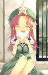  baozi bow braid china_dress chinese_clothes closed_eyes dress eating food gate grass happy hat hong_meiling long_hair mikage_sekizai open_mouth red_hair sitting solo touhou twin_braids 