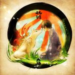  amaterasu axis_powers_hetalia brown_hair circle crossover grass highres japan_(hetalia) japanese_clothes kimono male_focus olong_tea_(mame) ookami_(game) rising_sun seiza sitting solo sunburst wolf 