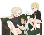  barefoot black_hair blonde_hair blue_eyes couch eating erica_hartmann fang food fork francesca_lucchini green_eyes hair_ribbon highres martina_crespi military military_uniform multiple_girls potato ribbon sanjou_(weekly10) sitting strike_witches uniform world_witches_series 